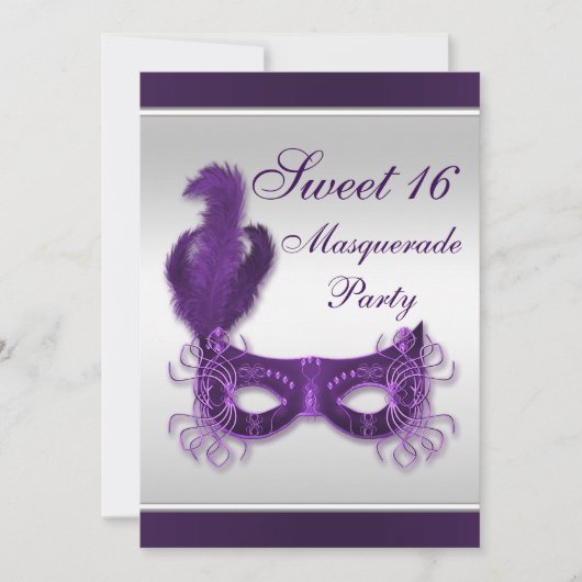 Sweet 16 Masquerade Party in Paars en zilver Kaart (Voorkant)
