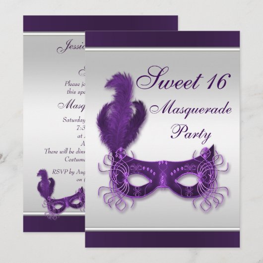 Sweet 16 Masquerade Party in Paars en zilver Kaart (Voorkant / Achterkant)