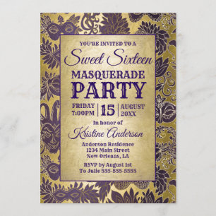 Sweet 16 Masquerade Party Paars Gold Mask Kaart
