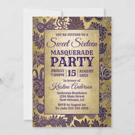 Sweet 16 Masquerade Party Paarse Gouden Masker Kaart (Voorkant)