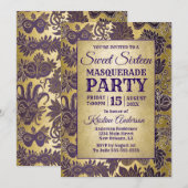 Sweet 16 Masquerade Party Paarse Gouden Masker Kaart (Voorkant / Achterkant)