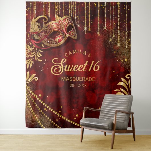 Sweet 16 Masquerade Rood Goud Foto Achtergrond ID1 Wandkleed (In situ)