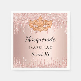 Sweet 16 masquerade roos goud glitter drips party servet