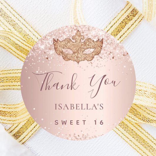 Sweet 16 masquerade roos goud roze Bedankt Ronde Sticker