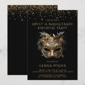 Sweet 16 Masquerade Verjaardagsfeest Zwart Goud Kaart (Voorkant / Achterkant)