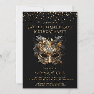 Sweet 16 Masquerade Verjaardagsfeest Zwart Goud Kaart