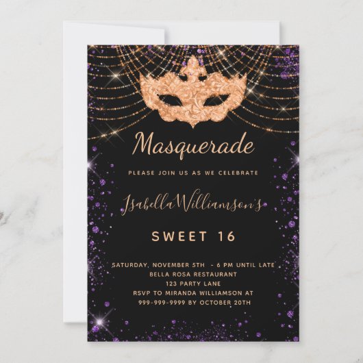 Sweet 16 masquerade zwart paars glitter goud kaart (Voorkant)