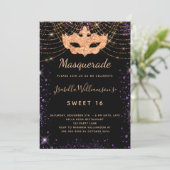 Sweet 16 masquerade zwart paars glitter goud kaart (Staand voorkant)