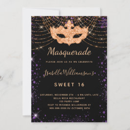 Sweet 16 masquerade zwart paars glitter goud kaart