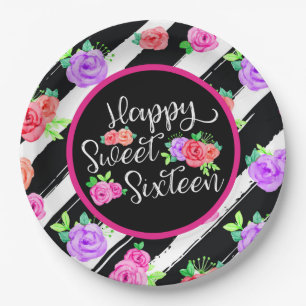 Sweet 16 Meisje Edgy Rozen & Moderne Strepen Verja Papieren Bordje