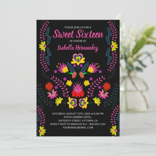 Sweet 16 Mexicaanse feestbloemen Black Birthday Kaart (Staand voorkant)