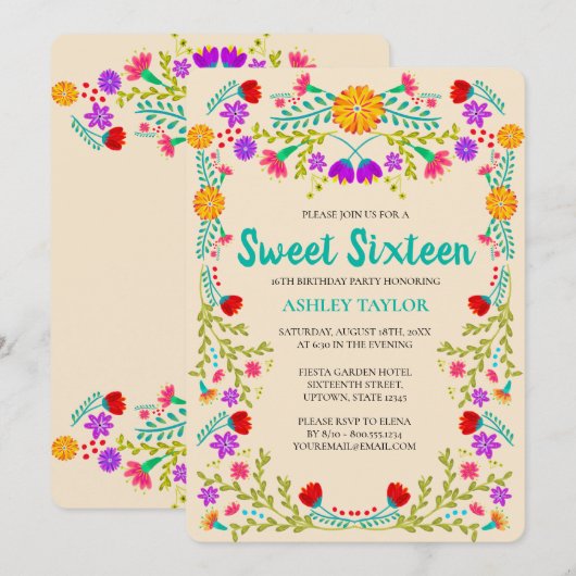 Sweet 16 Mexicaanse Fiesta Champagne Floral Birthd Kaart (Voorkant / Achterkant)