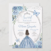 Sweet 16 Mis Quince Dusty Blauw & Zilver Bloemen Kaart (Voorkant)