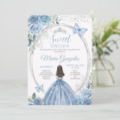 Sweet 16 Mis Quince Dusty Blauw & Zilver Bloemen Kaart (Staand voorkant)