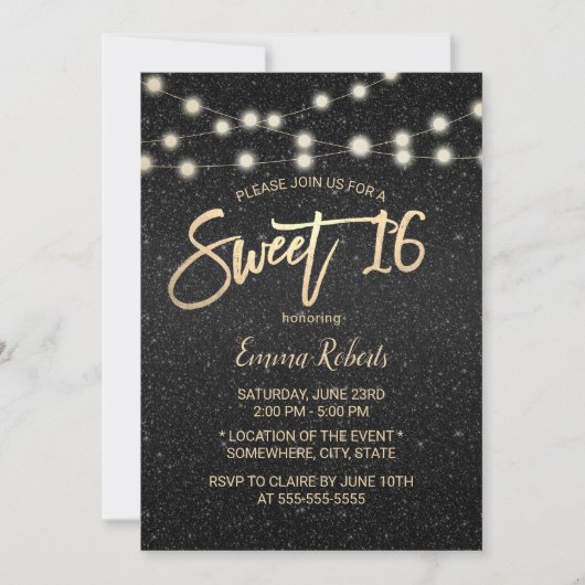 Sweet 16 Modern Black Faux Glitter Typografie Kaart (Voorkant)