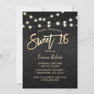 Sweet 16 Modern Black Faux Glitter Typografie Kaart