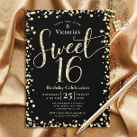 Sweet 16 Modern Black Gold Glitter Girly Birthday Kaart<br><div class="desc">"Happy Sweet 16". Verstuur deze verbluffende, dunne, dunne, feestelijke, moderne, persoonlijke partijuitnodiging voor een evenement om het te herinneren. Gold glitter script typografie en confetti bedekken een zwarte achtergrond. Meer gouden glitter confetti bedekt de bedekking zwart op de rug. Pas de douanetekst met de naam van uw dochter evenals andere...</div>