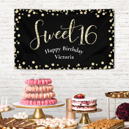 Sweet 16 Modern Black Gold Glitter Girly Birthday Spandoek