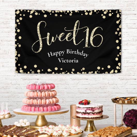 Sweet 16 Modern Black Gold Glitter Girly Birthday Spandoek
