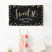 Sweet 16 Modern Black Gold Glitter Girly Birthday Spandoek (Insitu)