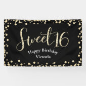 Sweet 16 Modern Black Gold Glitter Girly Birthday Spandoek (Horizontaal)