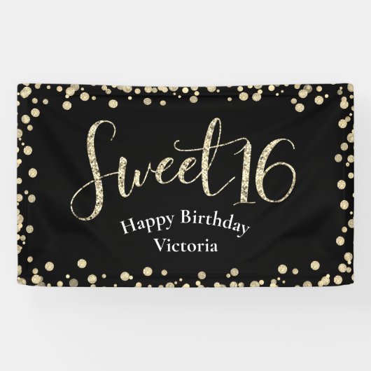 Sweet 16 Modern Black Gold Glitter Girly Birthday Spandoek (Horizontaal)