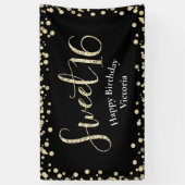Sweet 16 Modern Black Gold Glitter Girly Birthday Spandoek (Verticaal)