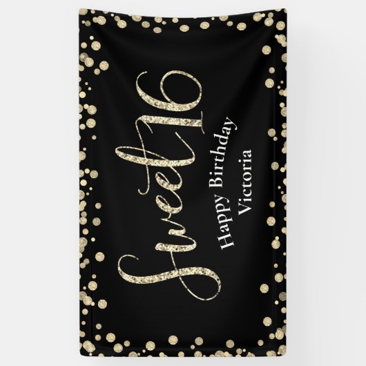 Sweet 16 Modern Black Gold Glitter Girly Birthday Spandoek (Verticaal)