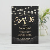 Sweet 16 Modern Black Roos Floral Black Glitter Kaart (Staand voorkant)