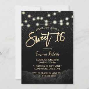 Sweet 16 Modern Black Roos Floral Black Glitter Kaart