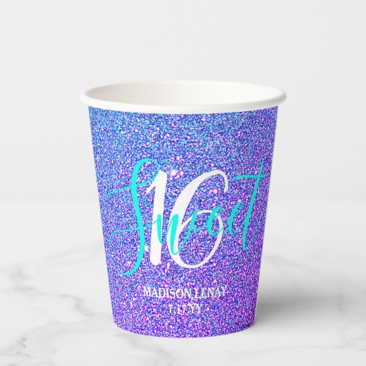 Sweet 16 Modern Blauwgroen Paarse Glitter Geperson Papieren Bekers (Achterkant)