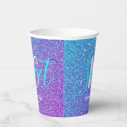 Sweet 16 Modern Blauwgroen Paarse Glitter Geperson Papieren Bekers (Rechts)
