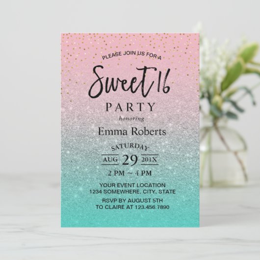 Sweet 16 Modern Blauwgroen Roze Zilver Glitter Bir Kaart (Staand voorkant)