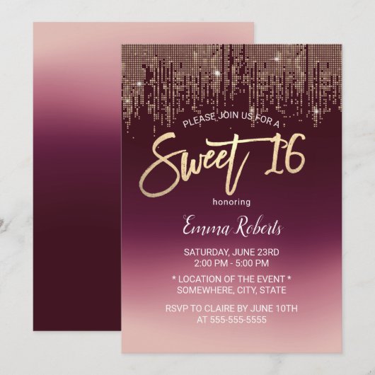 Sweet 16 Modern Burgundy Ombre Gold Sequins Kaart (Voorkant / Achterkant)