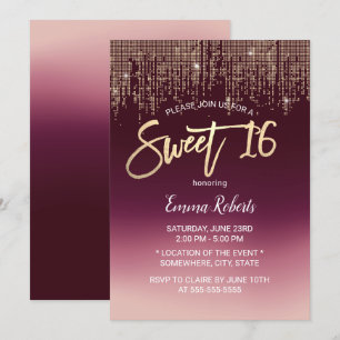 Sweet 16 Modern Burgundy Ombre Gold Sequins Kaart