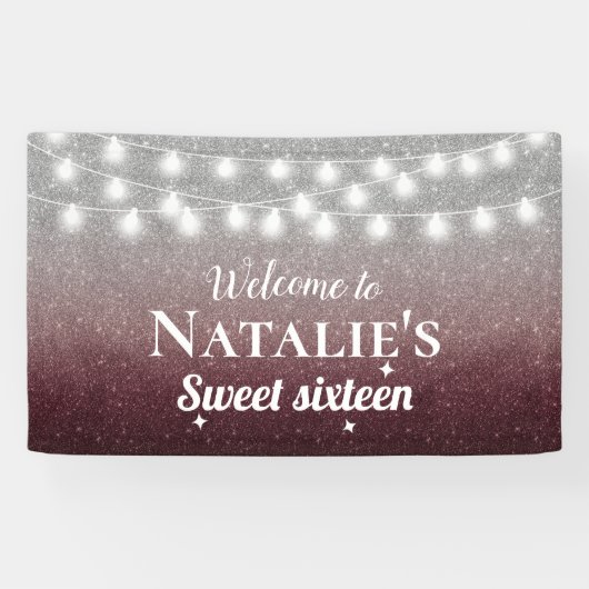 Sweet 16 Modern Burgundy Red & Silver Ombre Spandoek (Horizontaal)