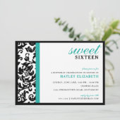 Sweet 16 Modern Damask met Border, Turquoise Kaart (Staand voorkant)