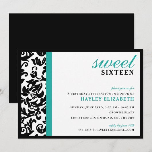 Sweet 16 Modern Damask met Border, Turquoise Kaart (Voorkant / Achterkant)