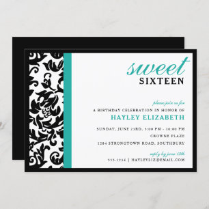 Sweet 16 Modern Damask met Border, Turquoise Kaart