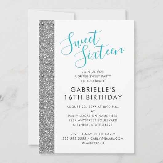 Sweet 16 Modern Elegant Chic Silver Glitter Aankondiging (Voorkant)