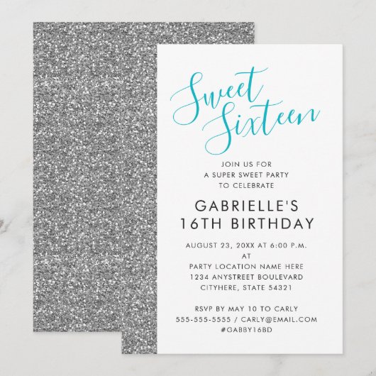 Sweet 16 Modern Elegant Chic Silver Glitter Aankondiging (Voorkant / Achterkant)