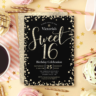 Sweet 16 Modern Gold Black Glitter Girly Birthday Kaart