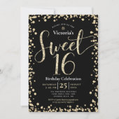 Sweet 16 Modern Gold Black Glitter Girly Birthday Kaart (Voorkant)