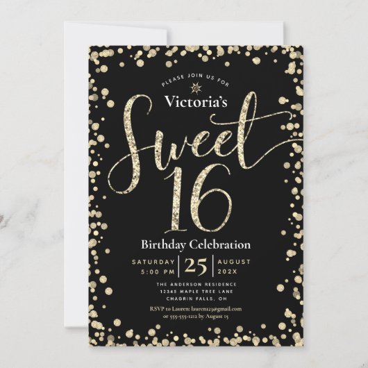 Sweet 16 Modern Gold Black Glitter Girly Birthday Kaart (Voorkant)