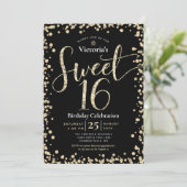 Sweet 16 Modern Gold Black Glitter Girly Birthday Kaart (Staand voorkant)