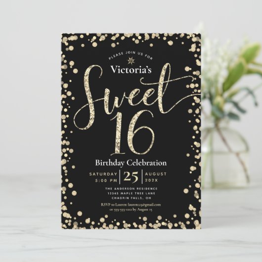 Sweet 16 Modern Gold Black Glitter Girly Birthday Kaart (Staand voorkant)
