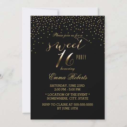 Sweet 16 Modern Gold Confetti Elegant Black Kaart (Voorkant)