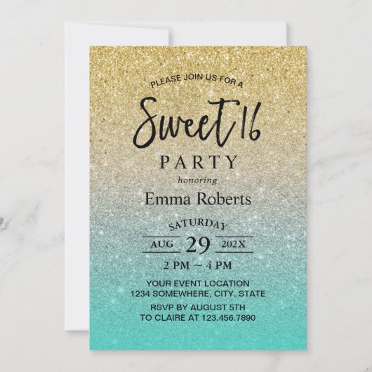 Sweet 16 Modern Gold & Turquoise Glitter Birthday Kaart (Voorkant)