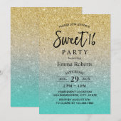 Sweet 16 Modern Gold & Turquoise Glitter Birthday Kaart (Voorkant / Achterkant)