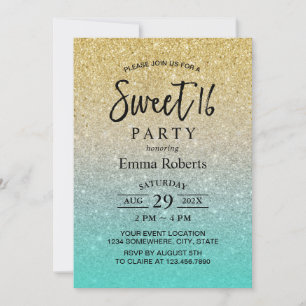 Sweet 16 Modern Gold & Turquoise Glitter Birthday Kaart